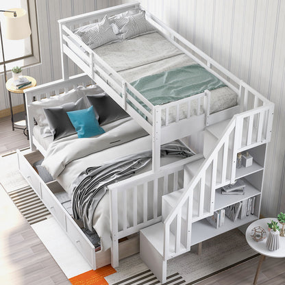 Twin Over Full Stairway Bunk Bed With Drawer, Storage And Guard Rail For Bedroom, Dorm, For Adults