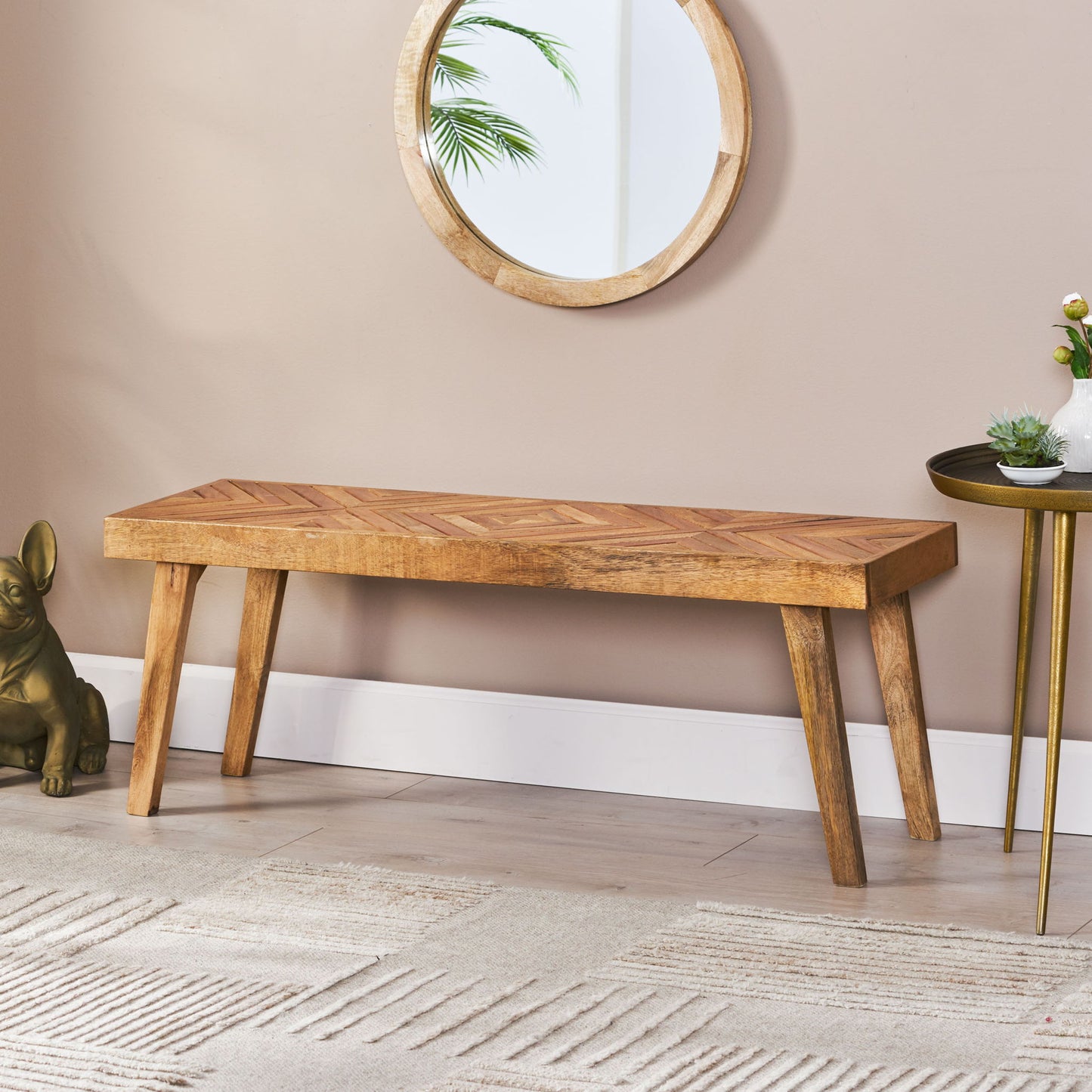 Farmhouse Style Wooden Bench With Splayed Legs And Diamond Patterned Top - Natural