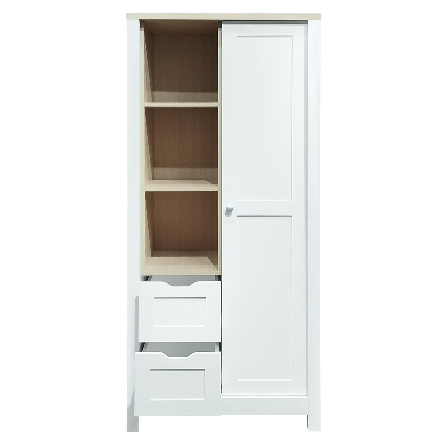 Modern Bedroom Storage Wardrobe With Hanging Rods, 2 Drawers, Open Shelves, Sliding Door - White