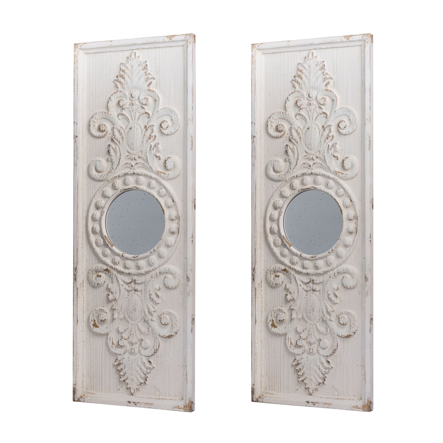 Large Wooden Wall Art Panels With Distressed Round Mirror Accents (Set of 2) - White