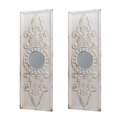 Large Wooden Wall Art Panels With Distressed Round Mirror Accents (Set of 2) - White