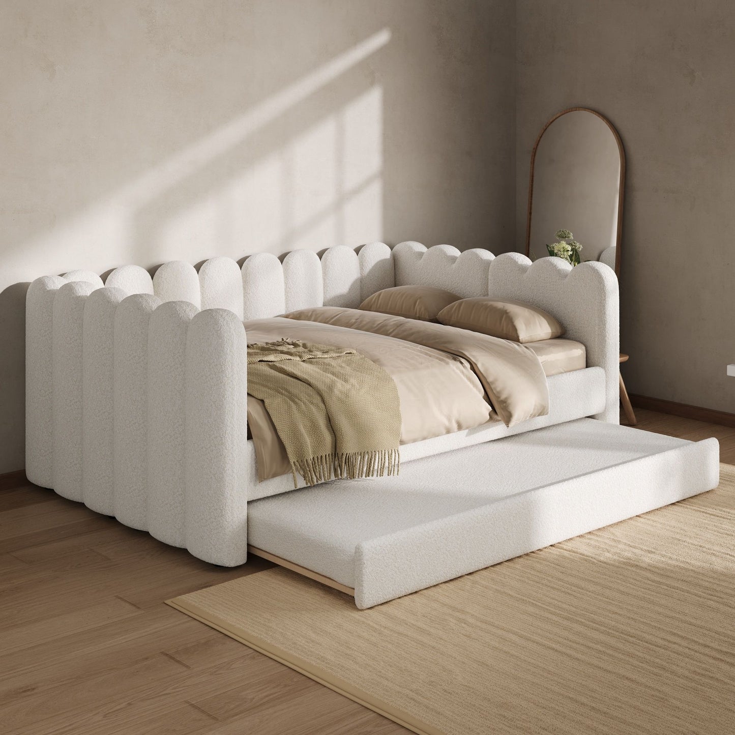 Upholstered Daybed With Curved Ribbed Panel Design