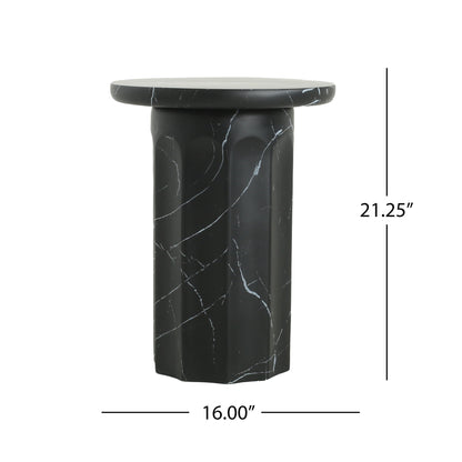 Outdoor Lightweight Concrete BMarble Effect Side Table, Living Room End Table - Black / Marble