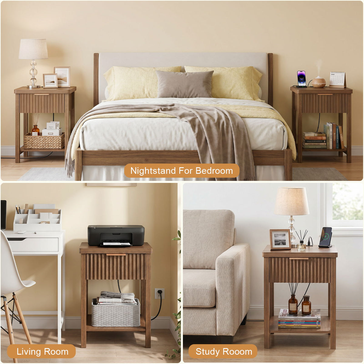 Nightstand, Bedside Table With Built In Charging Station (Set of 2) - Walnut