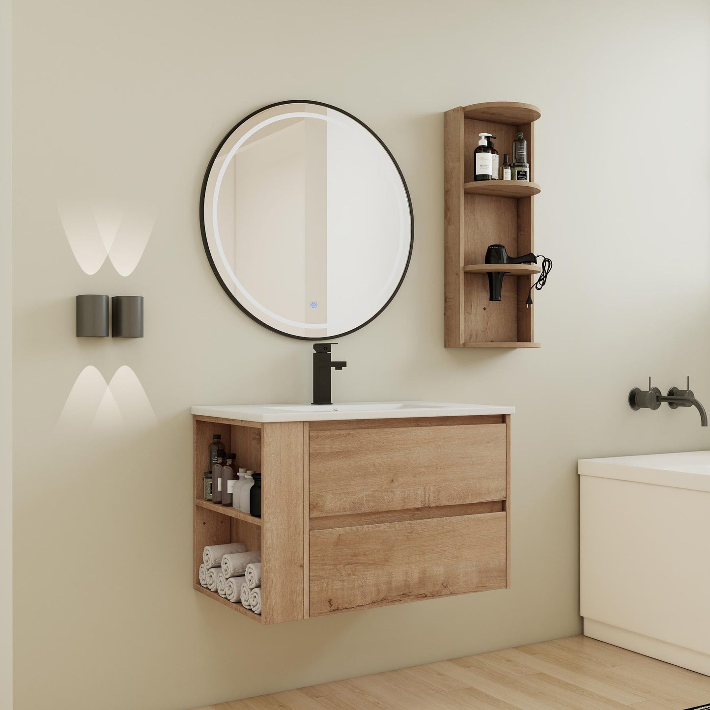 Modern Wall Mounted Bathroom Vanity With Ceramic Sink And Storage Rack, 2 Soft Close Drawers
