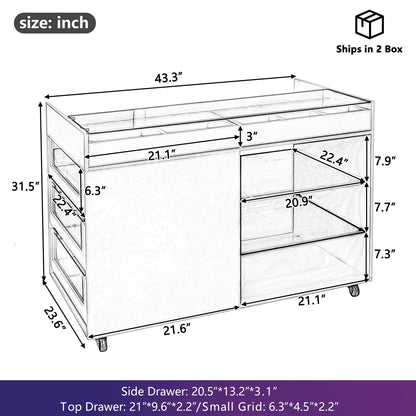 Multi-Functional Storage Island Movable Storage Cabinet Island Vanity Dresser With 3 Side Storage Drawer, A Reversible Top Storage Space And 2 Glass Display Shelves - White