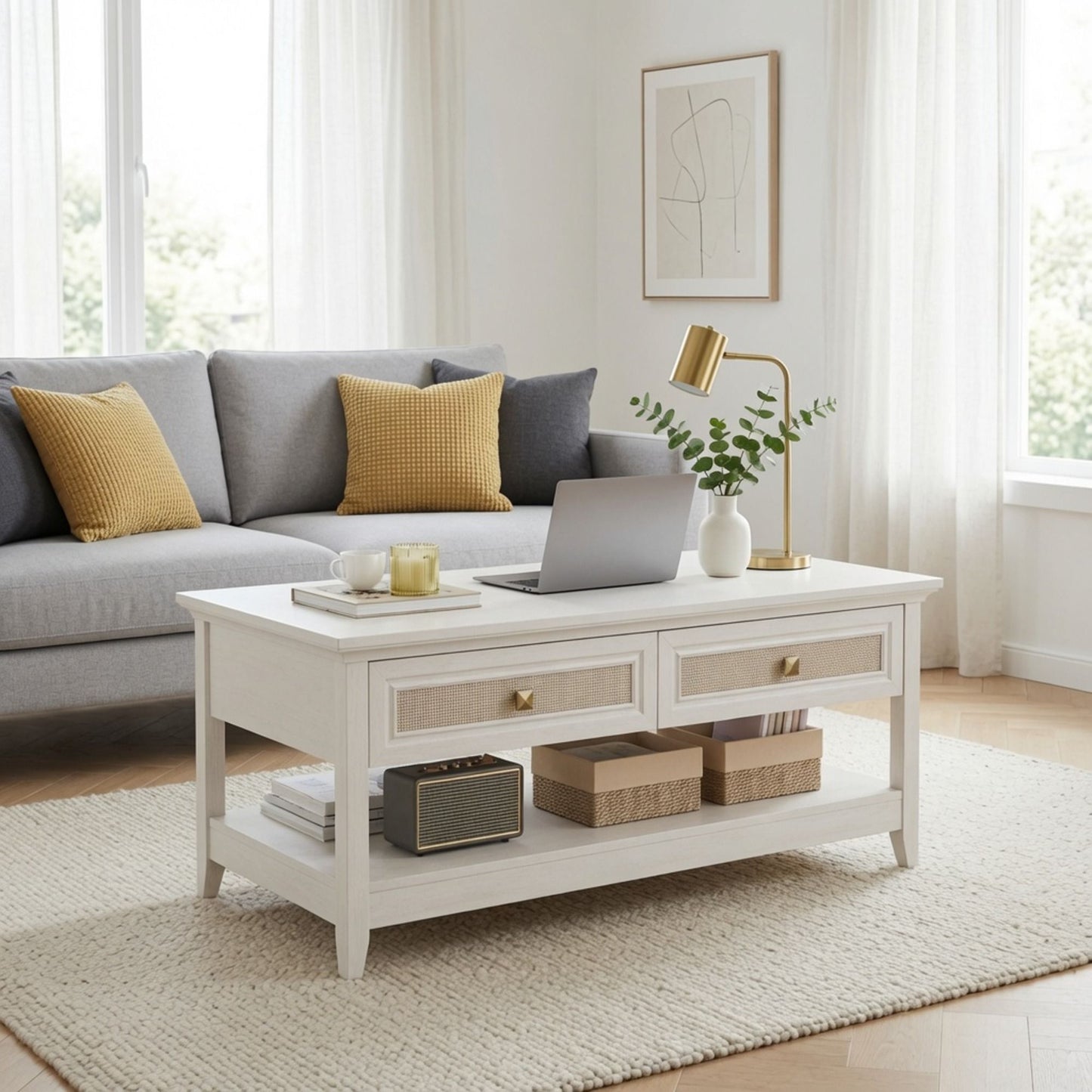 Coffee Table With Drawers & Storage Shelf - White