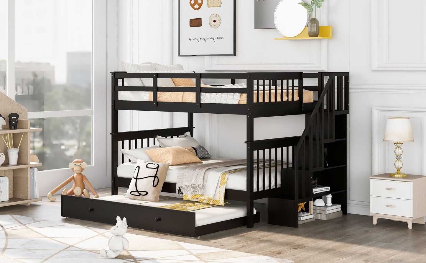 Stairway Bunk Bed With Twin Size Trundle, Storage And Guard Rail For Bedroom, Dorm