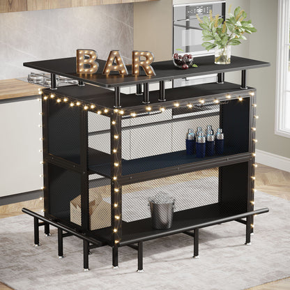 L Shaped Home Mini Bar Table With 2 Tier Shelves & Glass Racks - Black