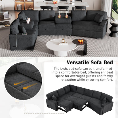 L-Shaped Sofa Sectional Sofa Couch Pull-Out Sofa Bed With Charging Devices And Cup Holders For Living Room