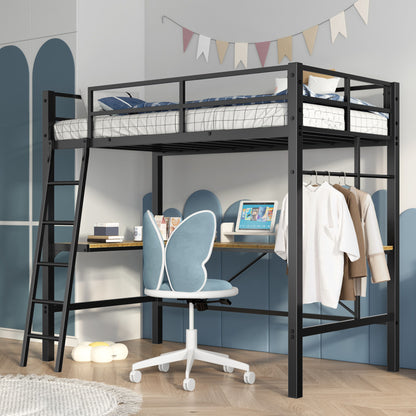 Twin Metal Loft Bed With L - Shaped Desk, Charging Station Loft Bed Frame Twin Size, Safety Guard & Ladder, No Box Spring Needed - Black