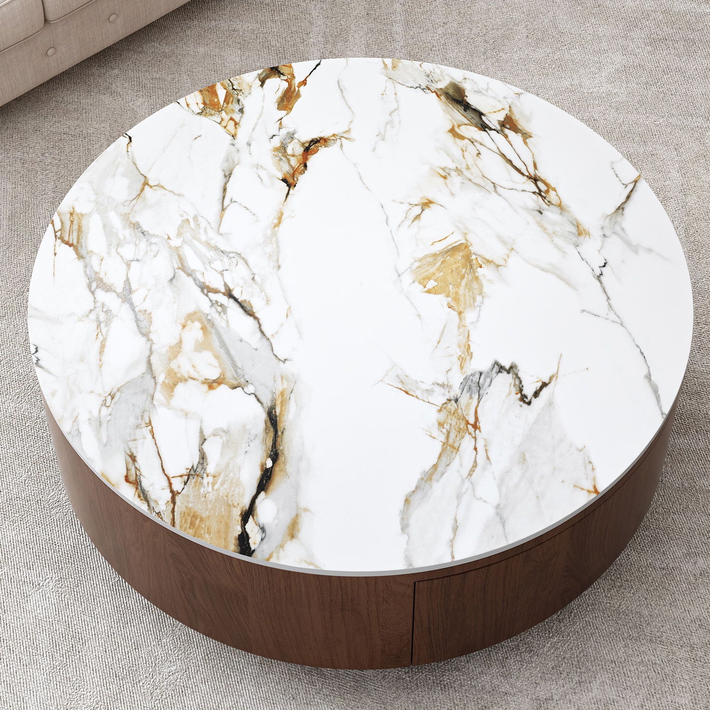 Round Coffee Table With 2 Drawers For Living Room - Walnut Brown / White / Multi