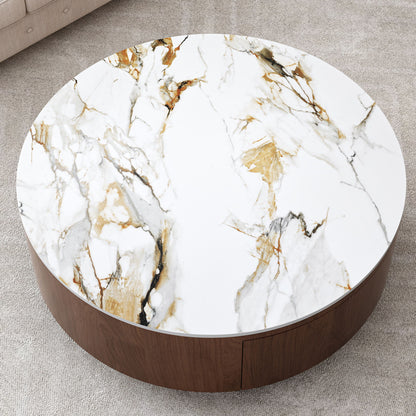 Round Coffee Table With 2 Drawers For Living Room - Walnut Brown / White / Multi