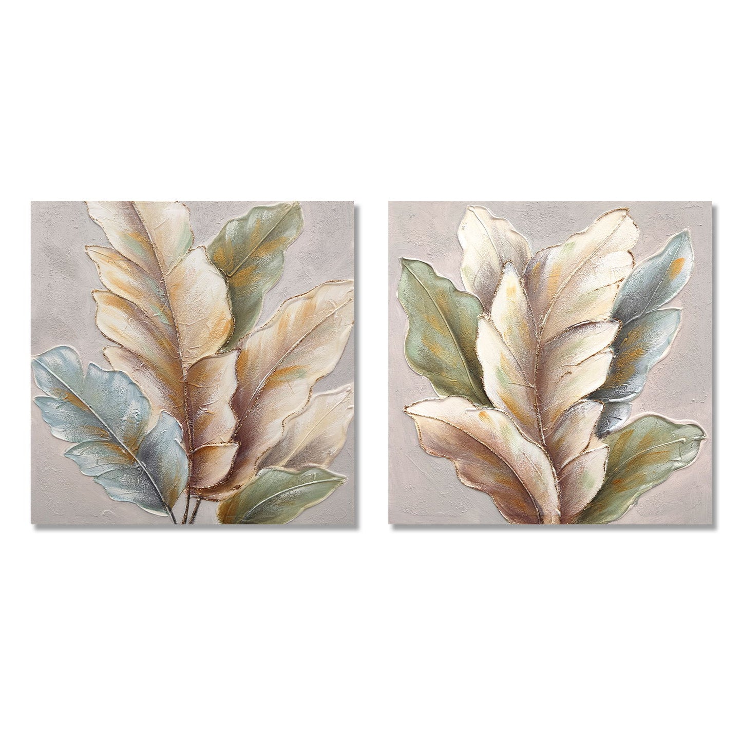 Botanical Leaf Wall Art, Textured Canvas Painting With Accents, Framed Decor For Living Room (Set of 2) - Green Leaf