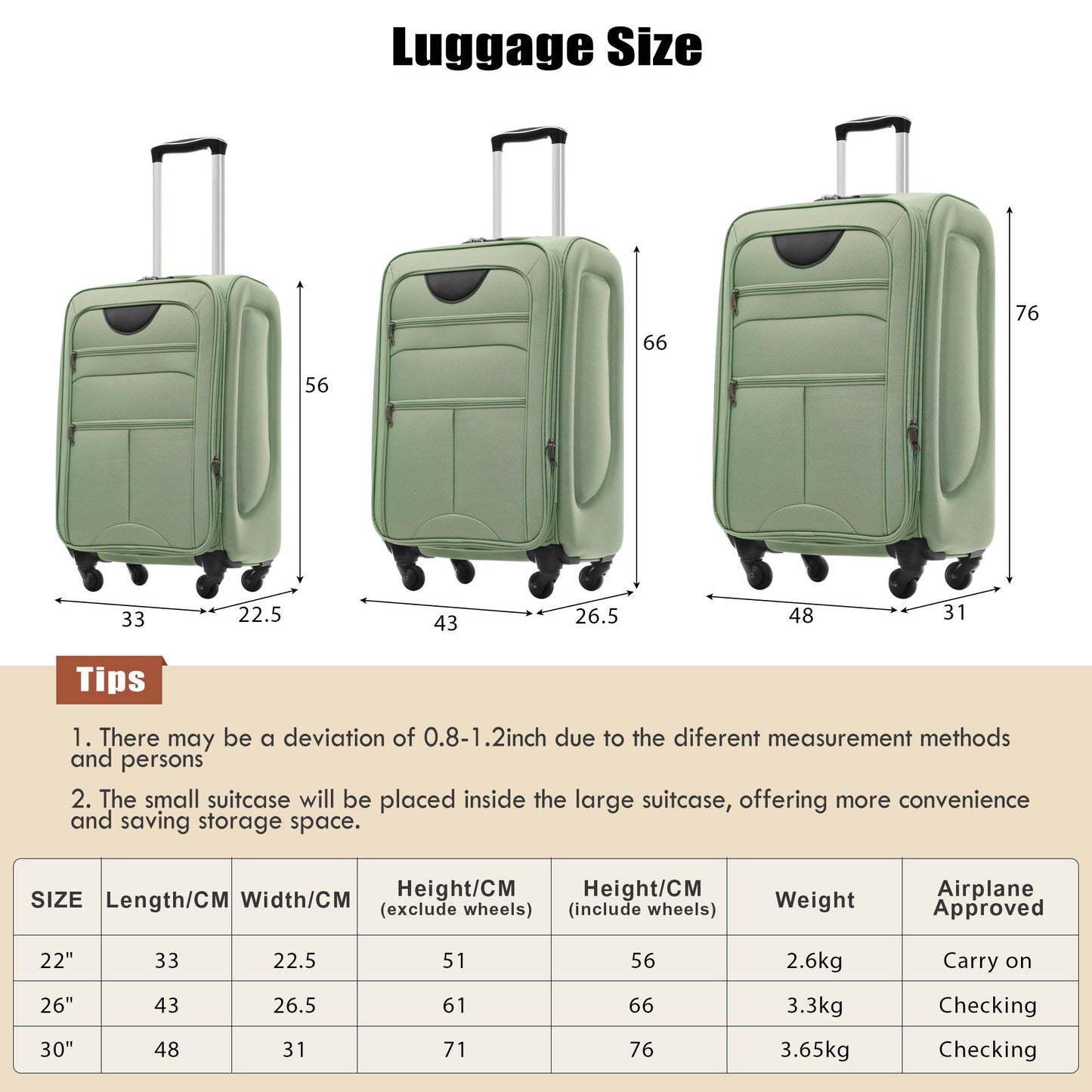 Softside Luggage Expandable 3 Piece Set Upright Spinner Lightweight Suitcase