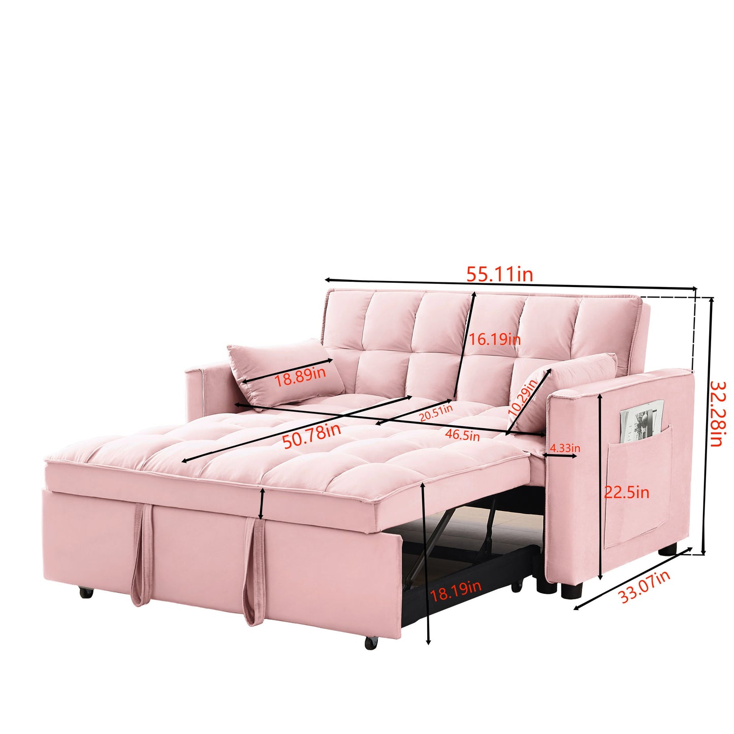 Modern Velvet Convertible Loveseat Futon Sofa With Pullout Bed, Reclining Backrest