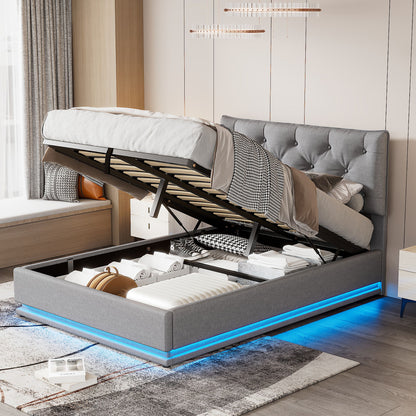 Upholstered Bed With Hydraulic Storage System And LED Light, Modern Platform Bed With Button-Tufted Design Headboard