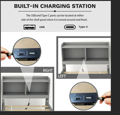 Bed With USB & Type-C Ports, LED Light, Bookcase Headboard, Trundle And 3 Storage Drawers, Bed With Bookcase Headboard, Trundle And Storage Drawers