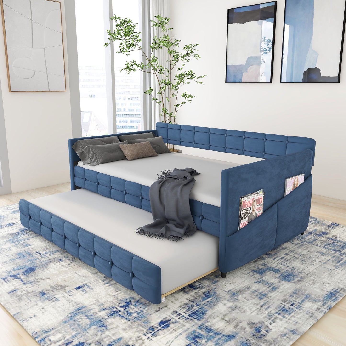 Upholstered Twin Size Daybed Bed Frame (Corner Bed) With Trundle, Velvet Fabric, Studding Design, No Box Spring Required