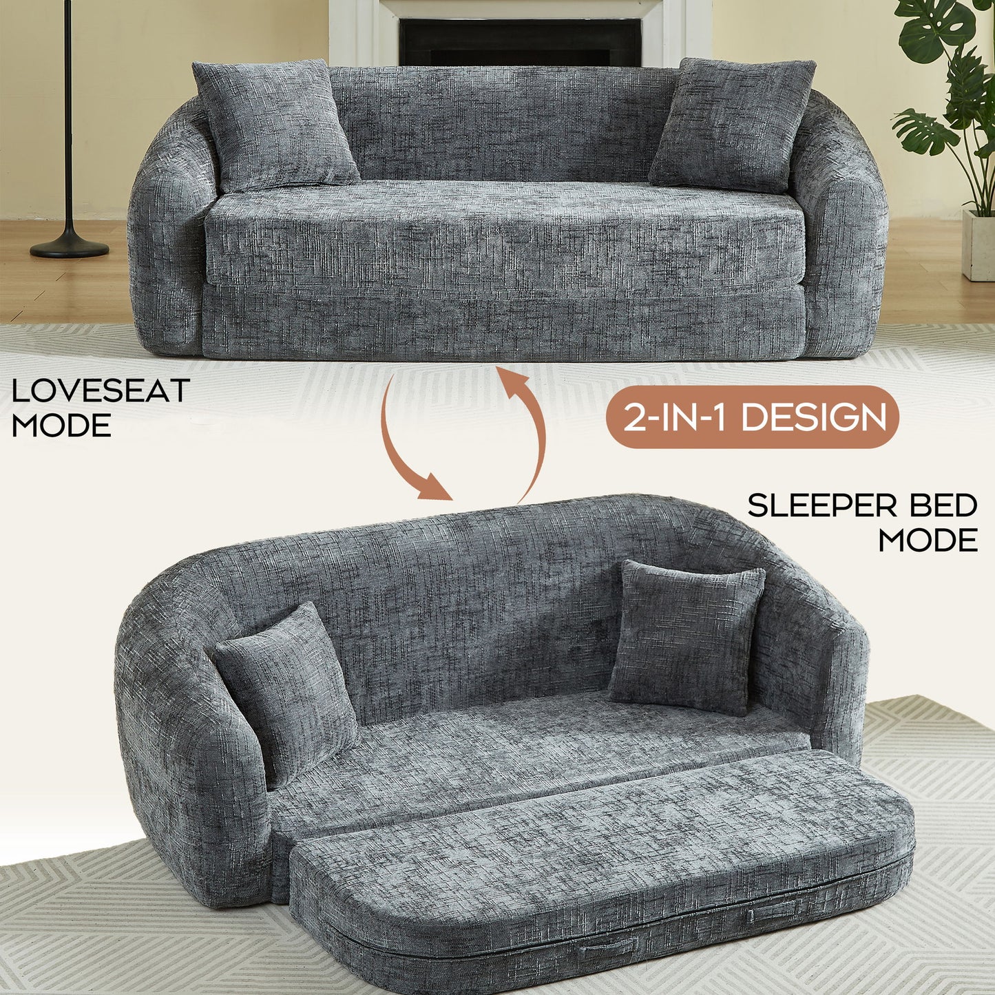 Curved Convertible Sofa, 2 In 1 Fold Out Bed With Pull Out Base And Deep Seat