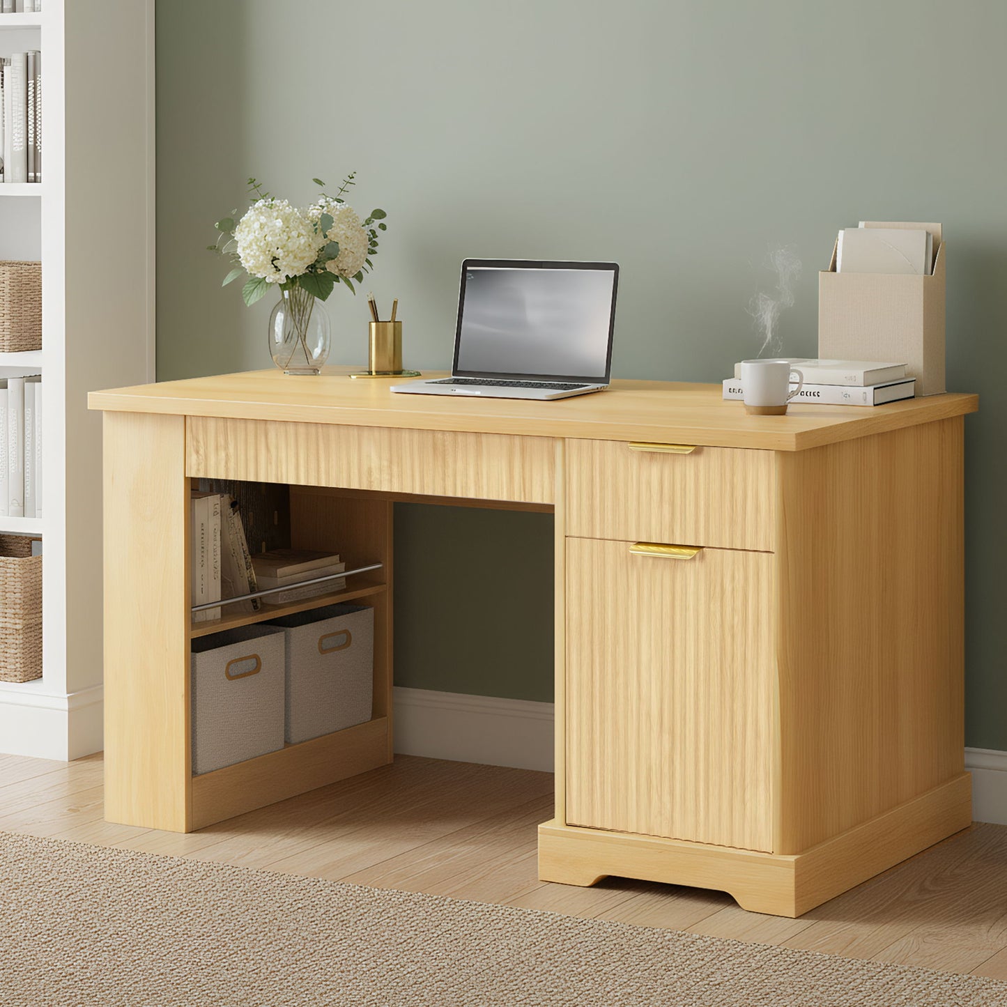 Modern Fluted Office Desk With Storage Cabinet