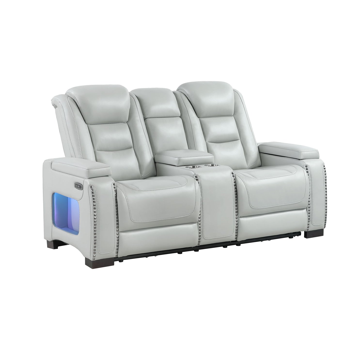 Power Console Loveseat With Power Headrest USB LED And Bookshelf Arms - Grey