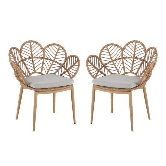 Kirk - Outdoor Wicker Peacock Shape Papasan Style Chair, Teak Finished Leg (Set of 2) - Beige / Light Brown / Light Teak