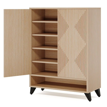 6 Tier Shoe Cabinet With Doors, Handle Free Push To Open Storage Unit For Entryway - Natural