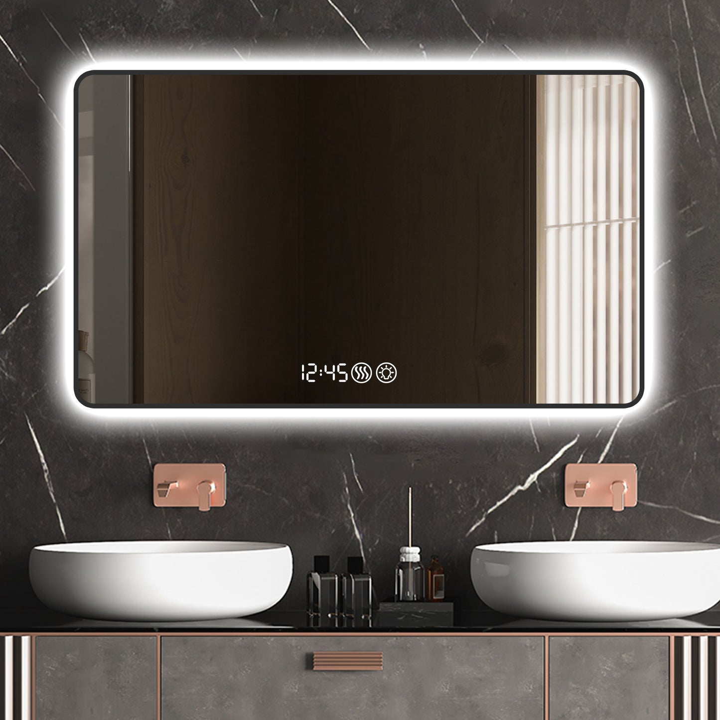 Modern Aluminum Frame Wall Mirror With Rounded Corners, Temperature Display, Tri Color Light, Defogging - Black