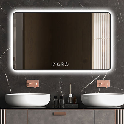 Modern Aluminum Frame Wall Mirror With Rounded Corners, Temperature Display, Tri Color Light, Defogging - Black