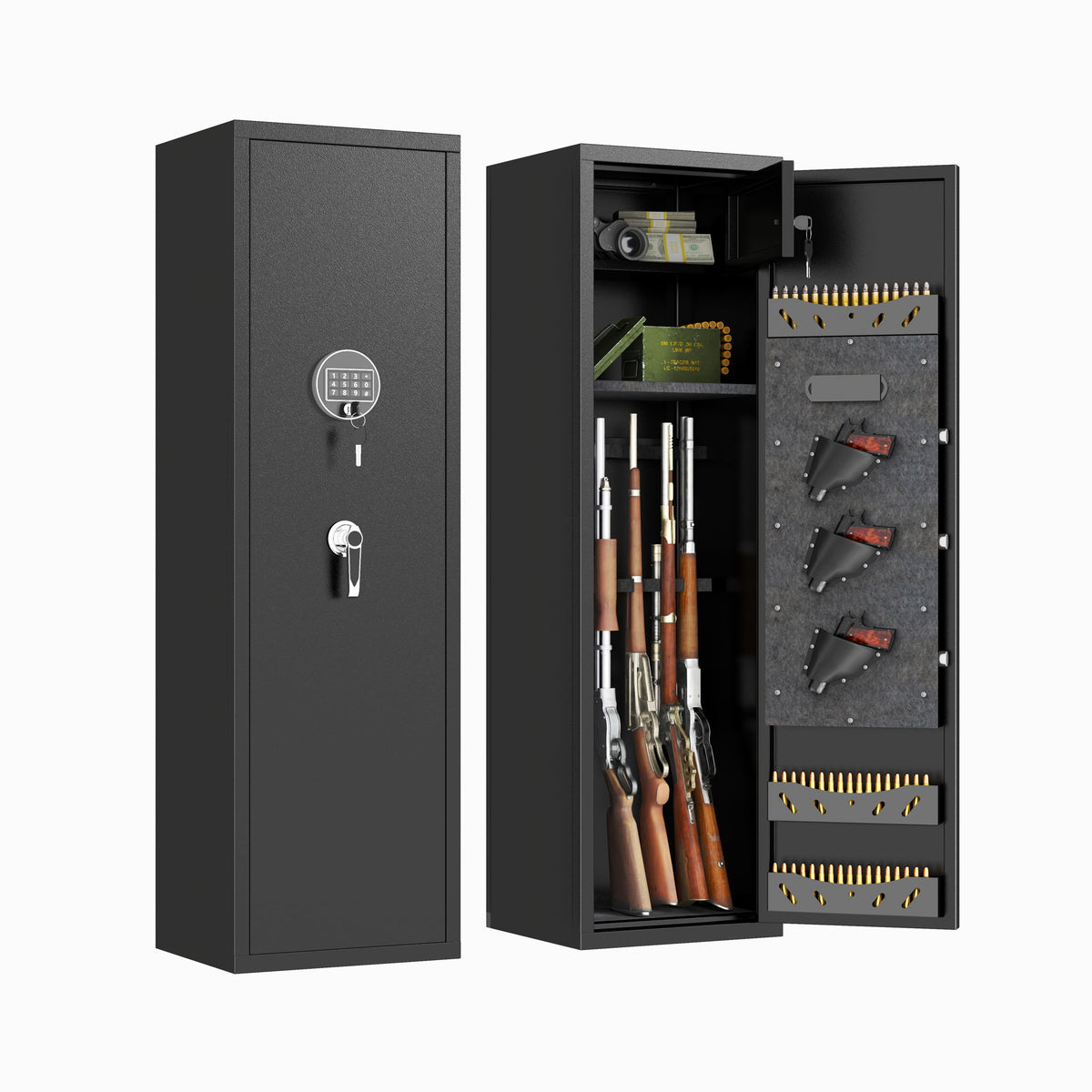Large Capacity Mechanical Gun Safe For Rifles & Handguns, Digital Password Lock, Built In Independent Lock Box, Adjustable Shelves - Black