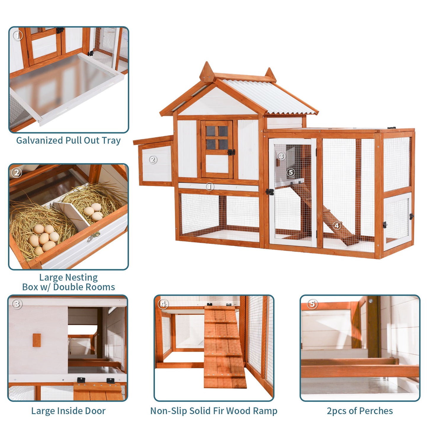 Weatherproof Outdoor Chicken Coop With Nesting Box, Hen House With Removable Bottom For Easy Cleaning, Poultry Cage, Rabbit Hutch, Wood Duck House - Brown / White