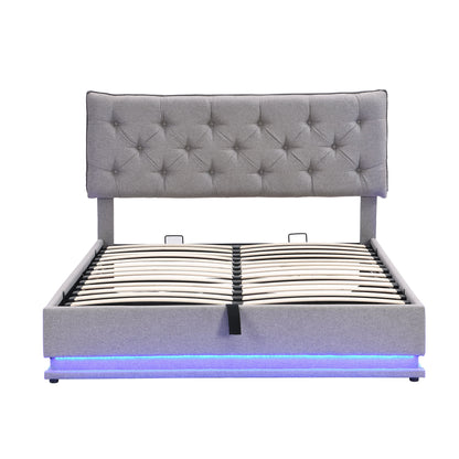 Upholstered Bed With Hydraulic Storage System And LED Light, Modern Platform Bed With Button-Tufted Design Headboard