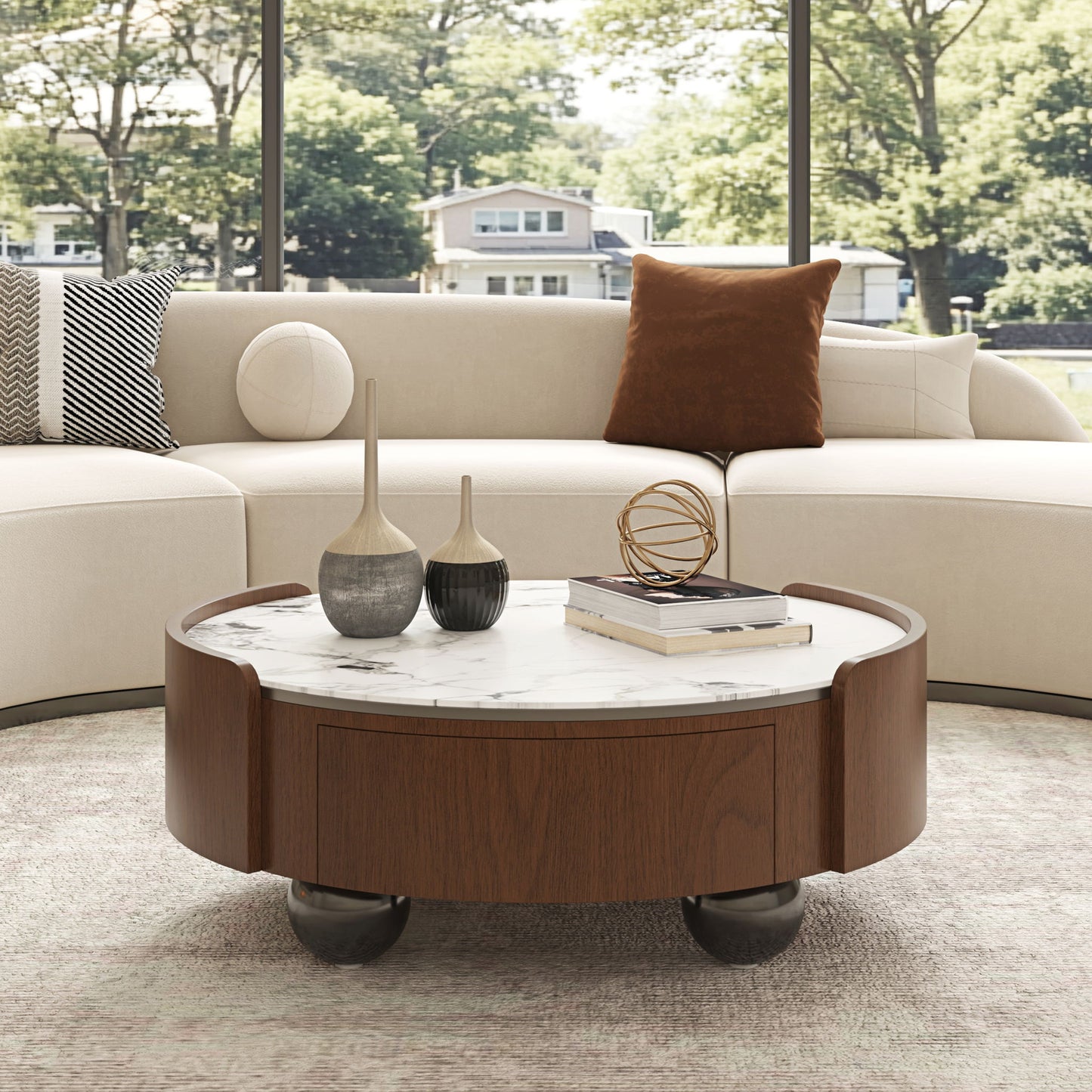 Round Coffee Table With Ball Feet, Dual Storage Drawers For Living Room - Walnut Brown