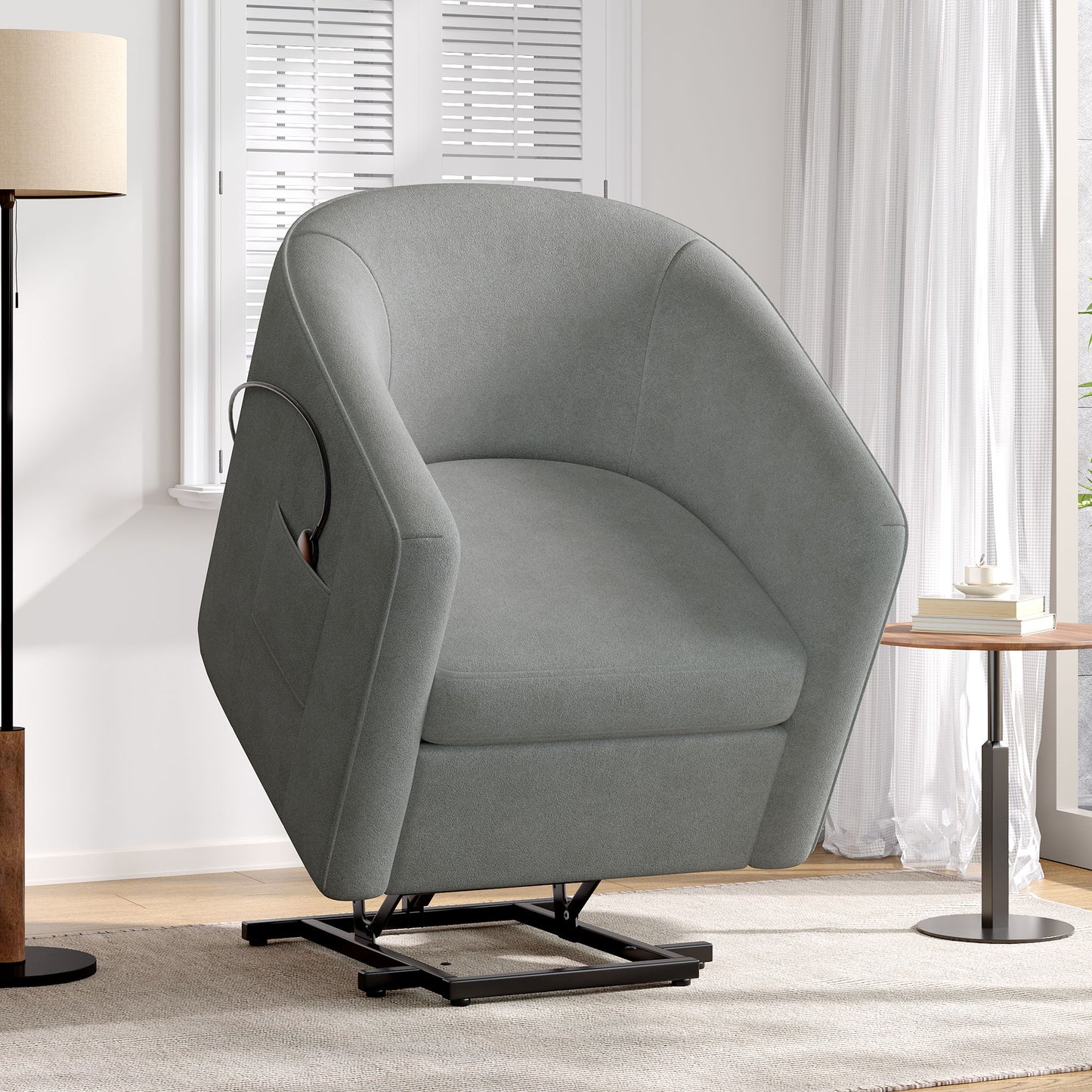 Power Lift Recliner Barrel Shape Reclining Chair With Footrest And Side Pocket