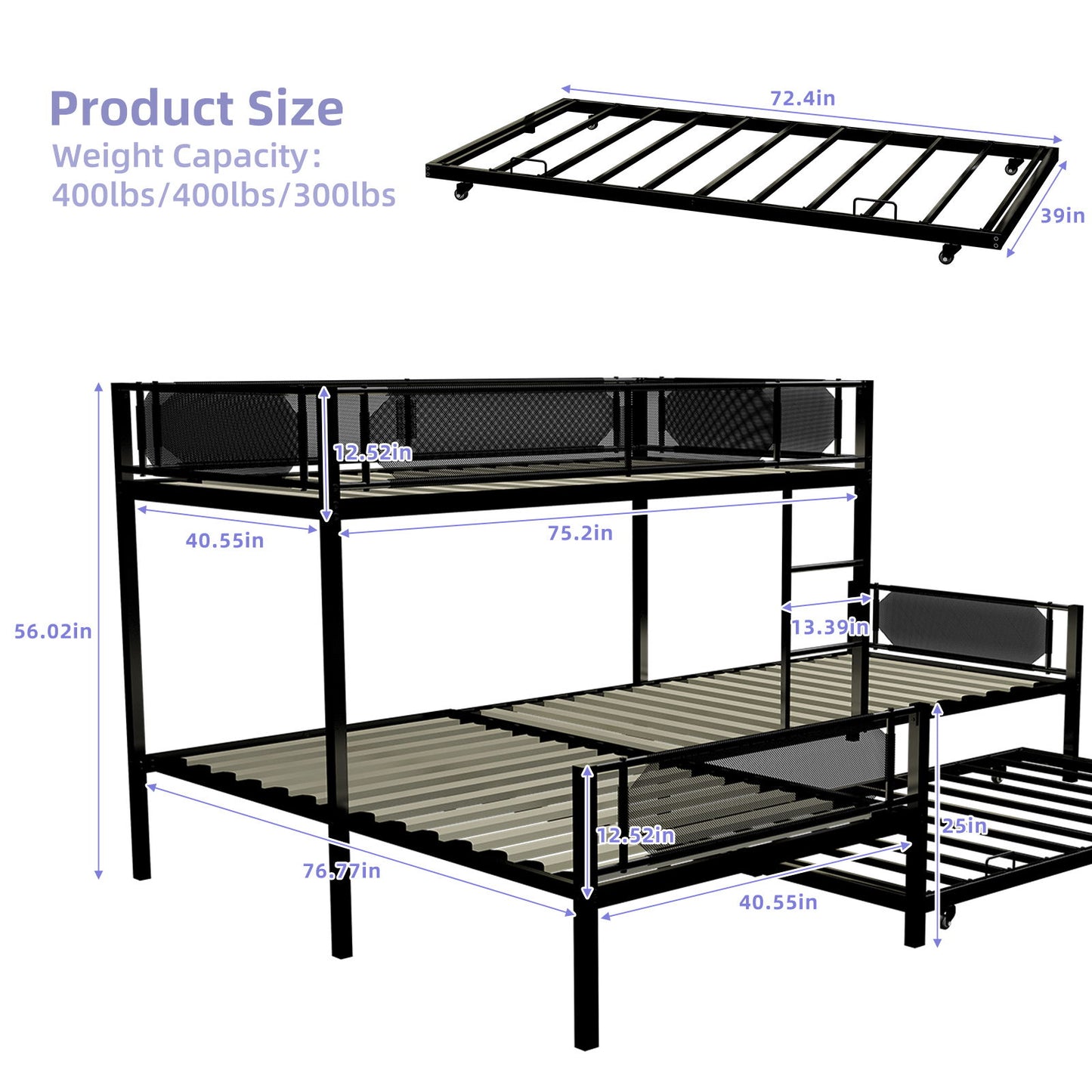 L Shape Metal Triple Bunk Bed With Trundle For 4 Kids, Heavy Duty Metal & Wood Construction - Black