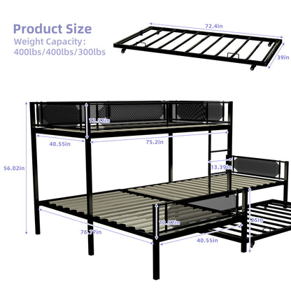 L Shape Metal Triple Bunk Bed With Trundle For 4 Kids, Heavy Duty Metal & Wood Construction - Black