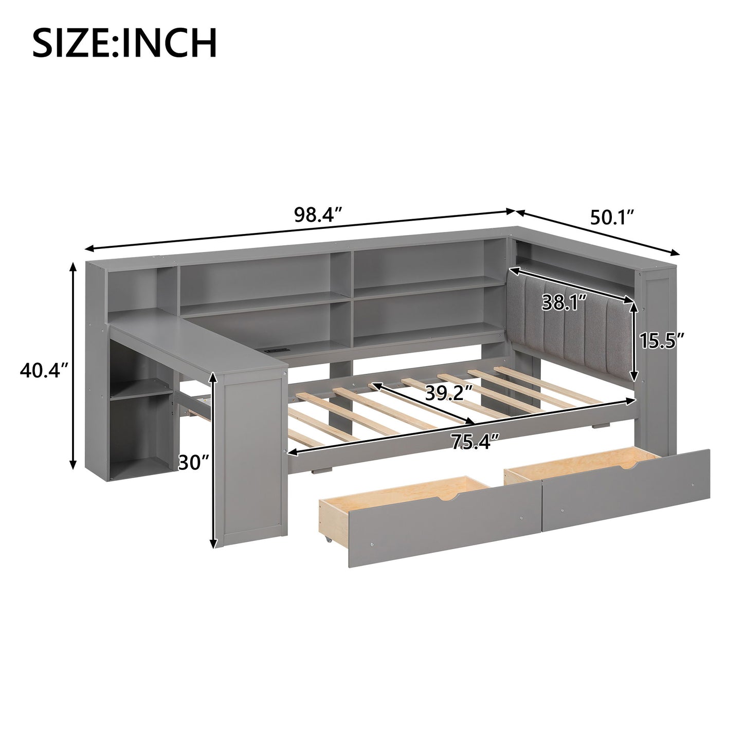 Platform Bed With Upholstered Headboard, Storage Shelves, Drawers, Charging Station, LED Lighting, Built In Desk