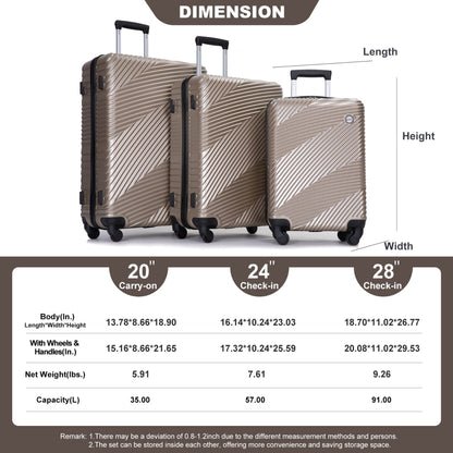 3 Piece Luggage Sets Lightweight Suitcase With Two Hooks, Spinner Wheels,