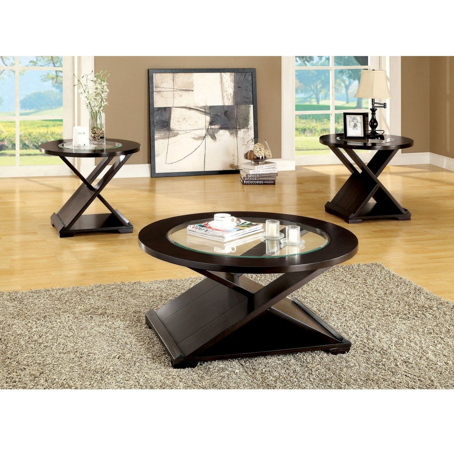 Coffee Table With Cross Design Base, Beveled Glass Top - Espresso