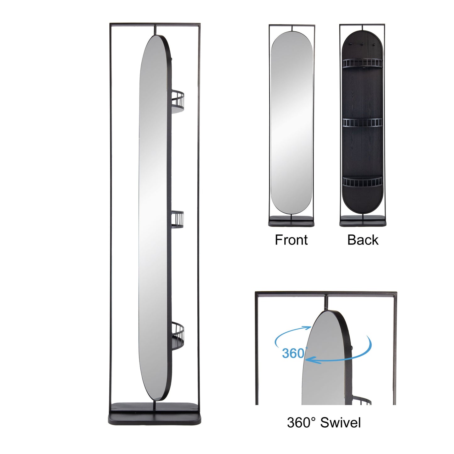 Full Length Standing Mirror, 360° Swivel Floor Mirror For Bedroom - Black