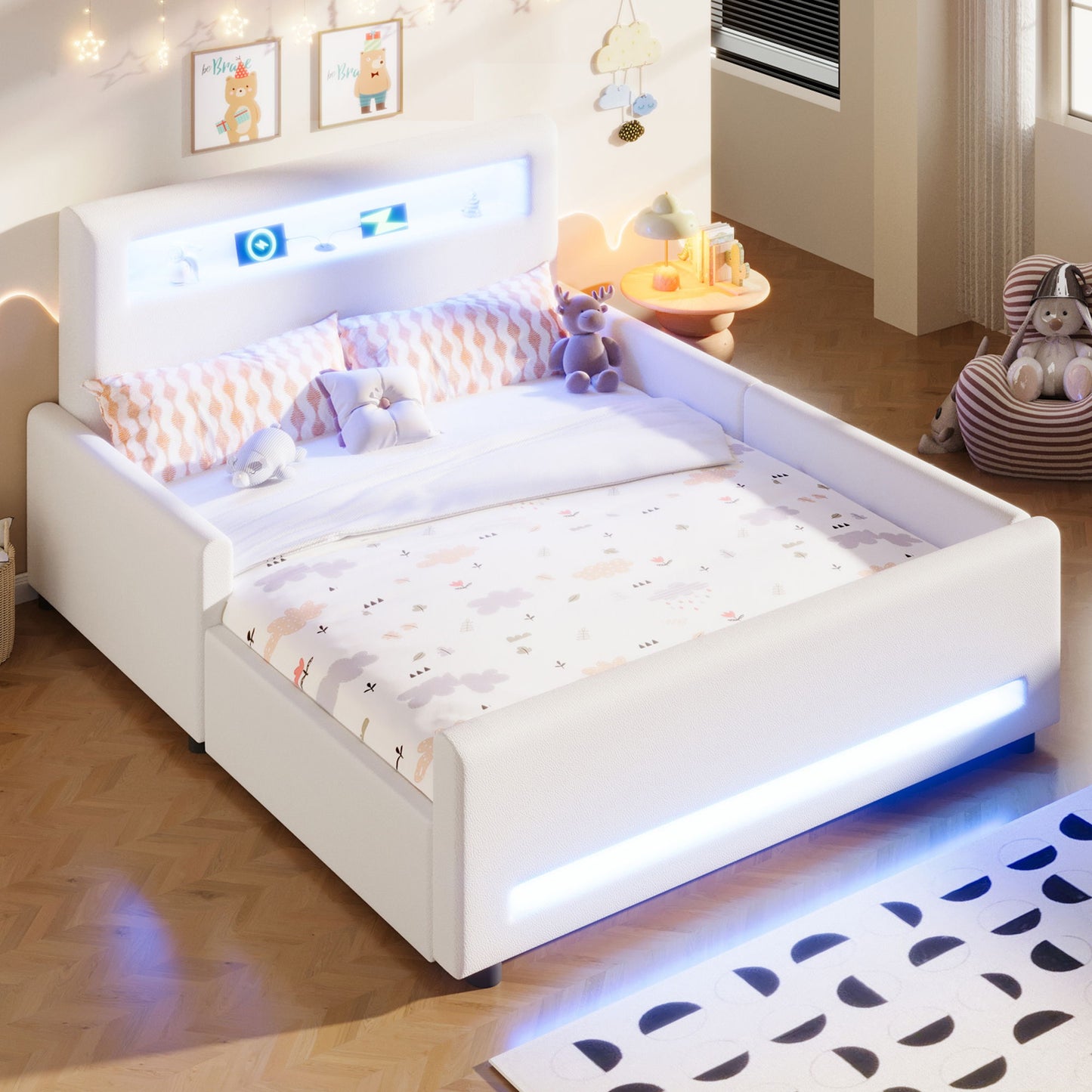 Upholstered Platform Bed With Drawer, LED Light Strip, USB Port