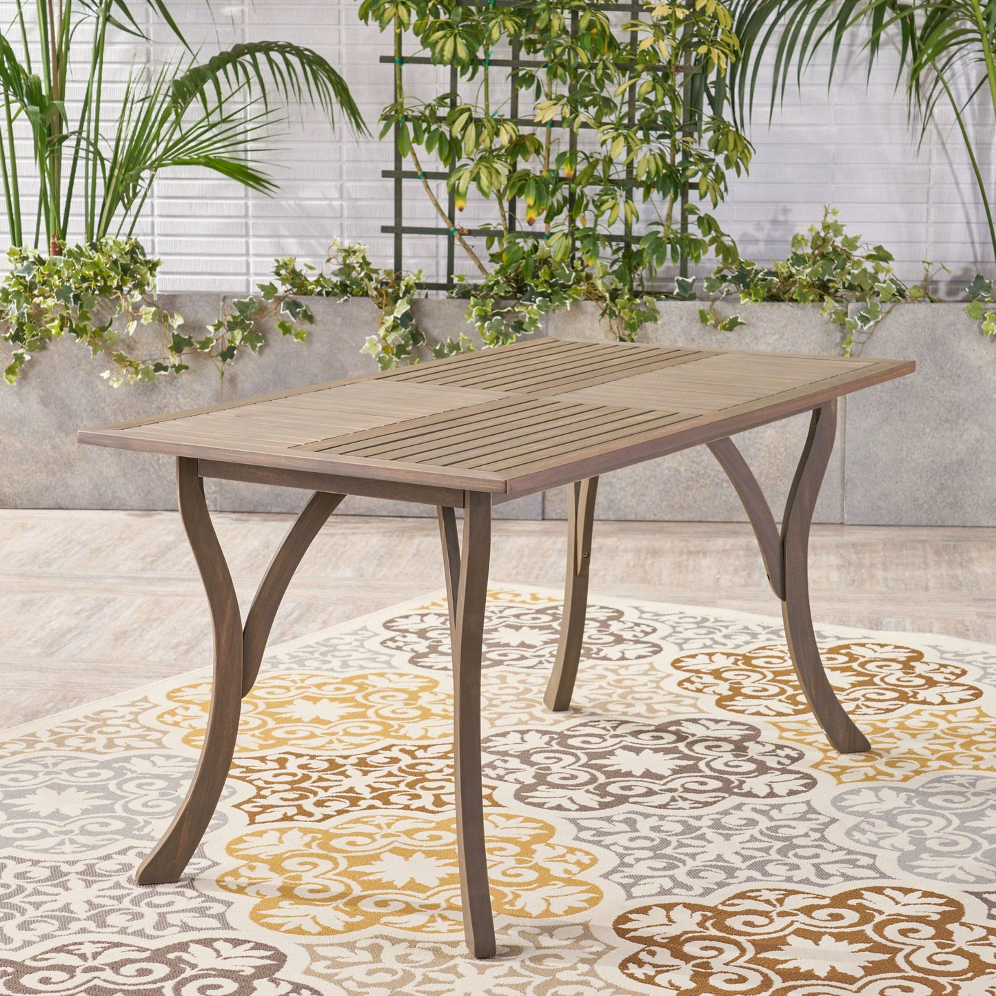 Transitional Acacia Wood Dining Table With Slat Panel Top - Gray