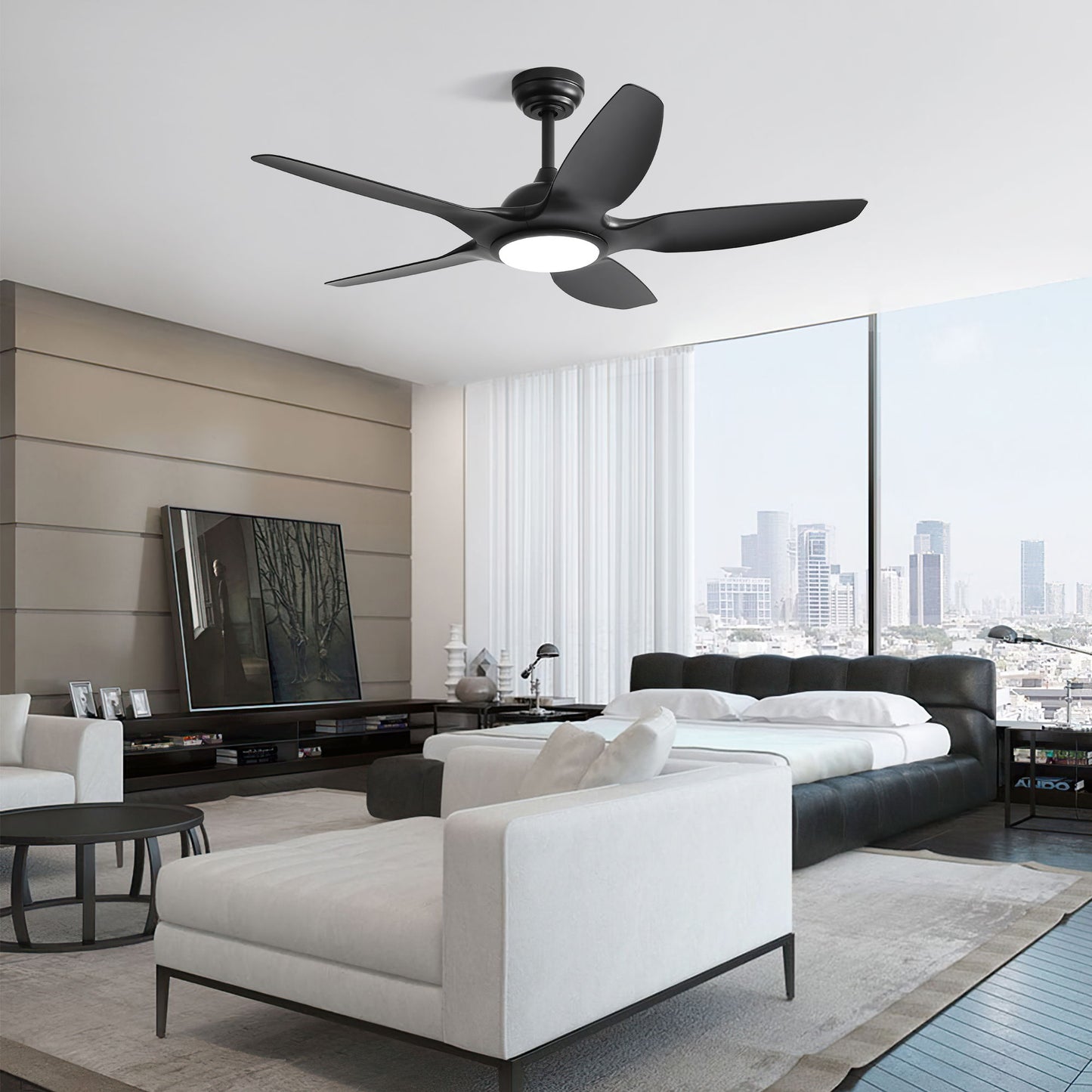 Ceiling Fan With Dimmable LED Light And Remote Control, 5 Blades DC Motor - Black
