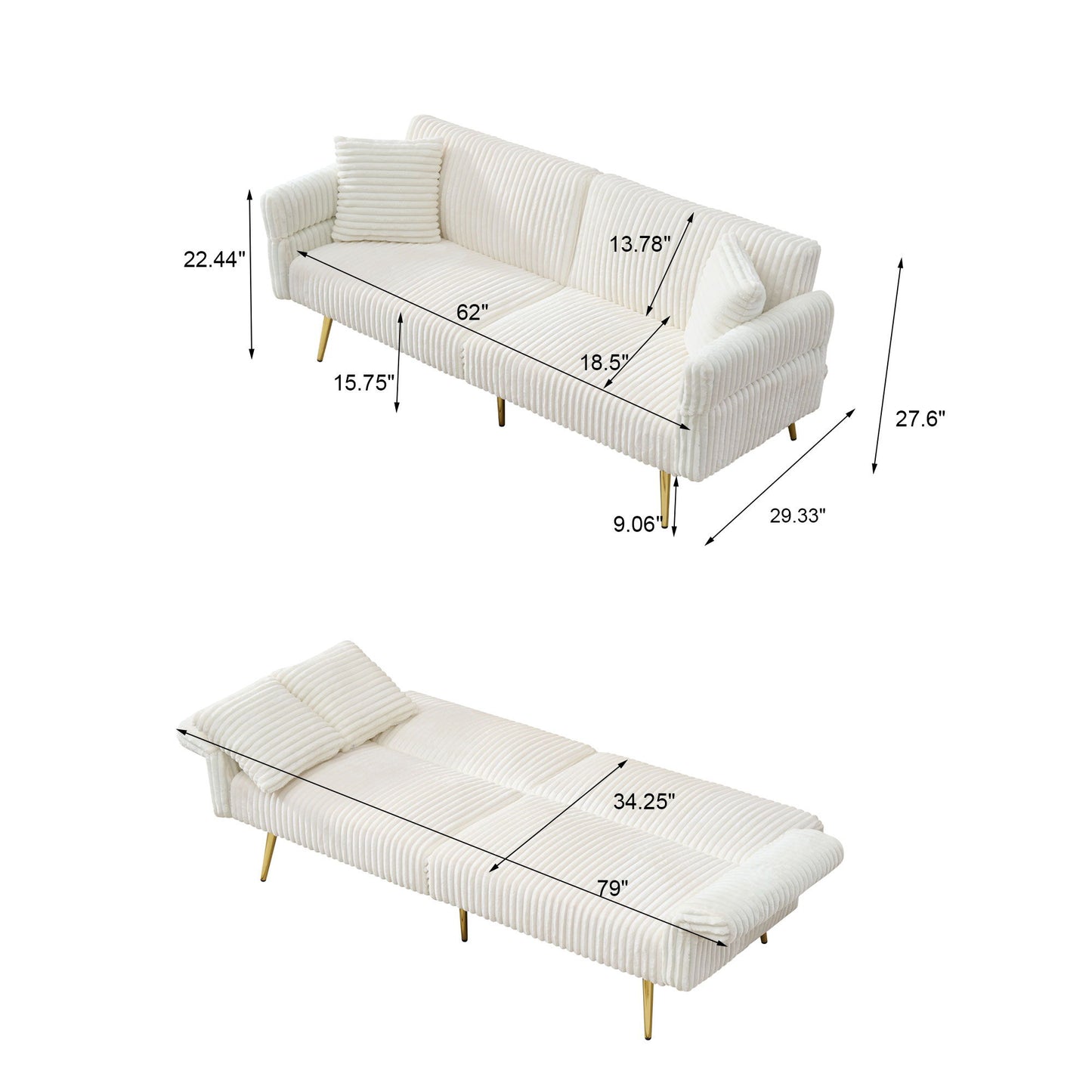 Luxury Corduroy Foldable Double Sofa Bed With Folding Armrests