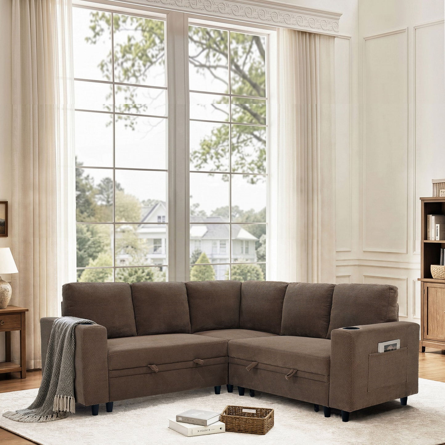 Upholstered L - Shape Sectional Sofa Bed With Pull Out Sleeper And Storage