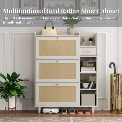 Natural Bohemia Style Shoe Cabinet, Shoe Rack Cabinet With 3 Rattan Flip Drawers, 3 Square Shelves And 1 Storage Drawer, Shoe Organizer With Mulit Storage Space And Hooks For Hallway, Entryway