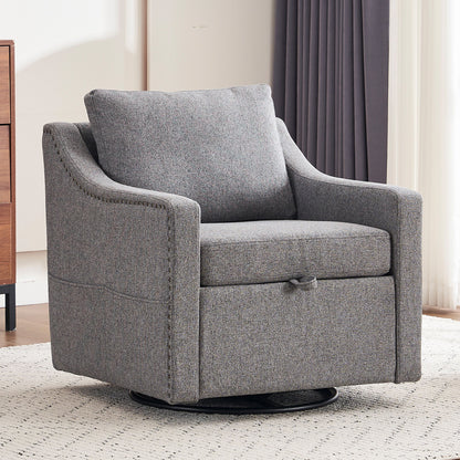 Linen Fabric 360° Swivel Accent Chair With Upholstered Back Pillow And Rivet Armrest