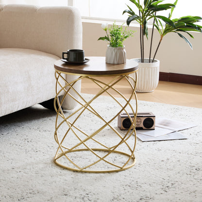 Contemporary Golden Side Table With Top And Metal Frame - Natural / Gold