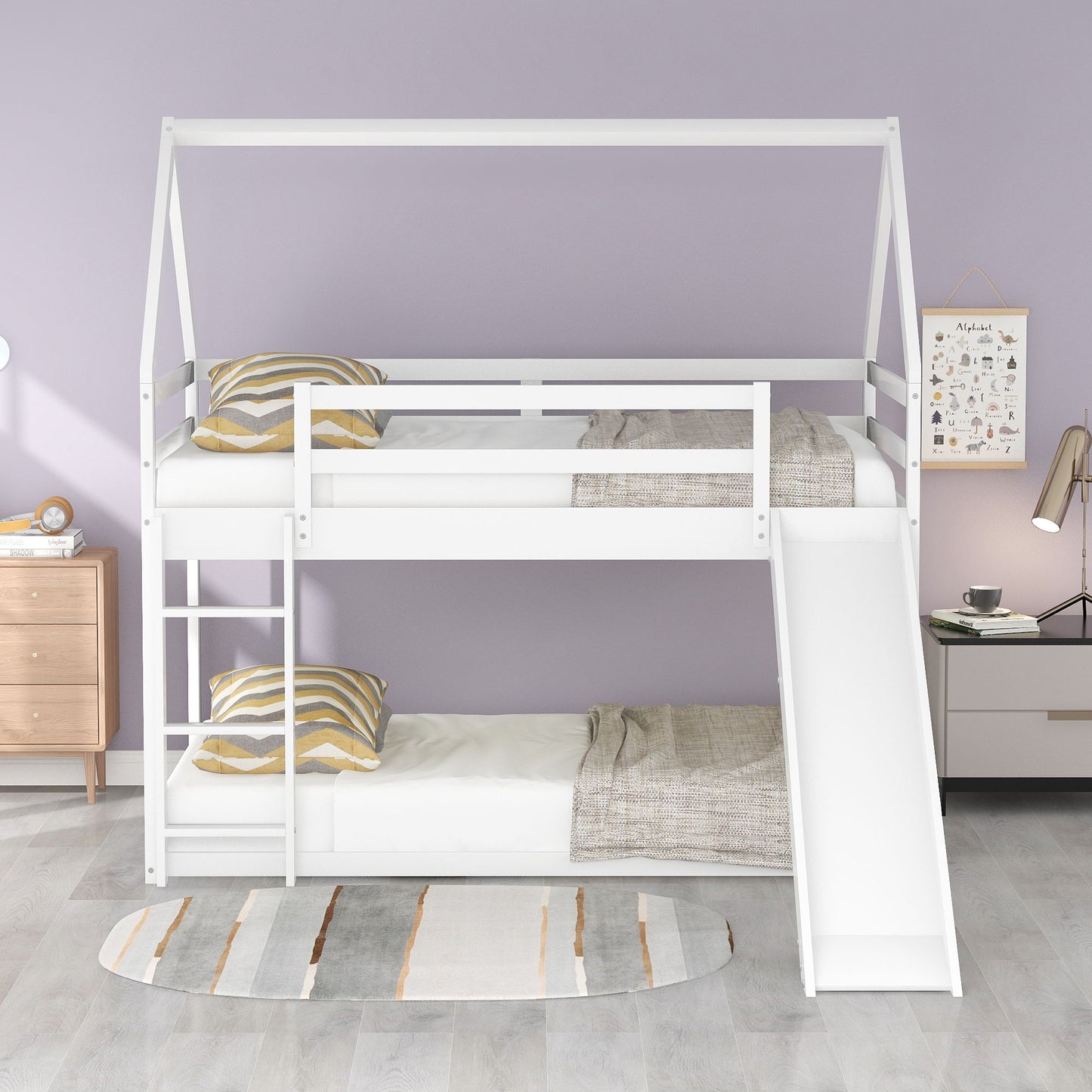 Twin Size Bunk House Bed With Slide And Ladder - White